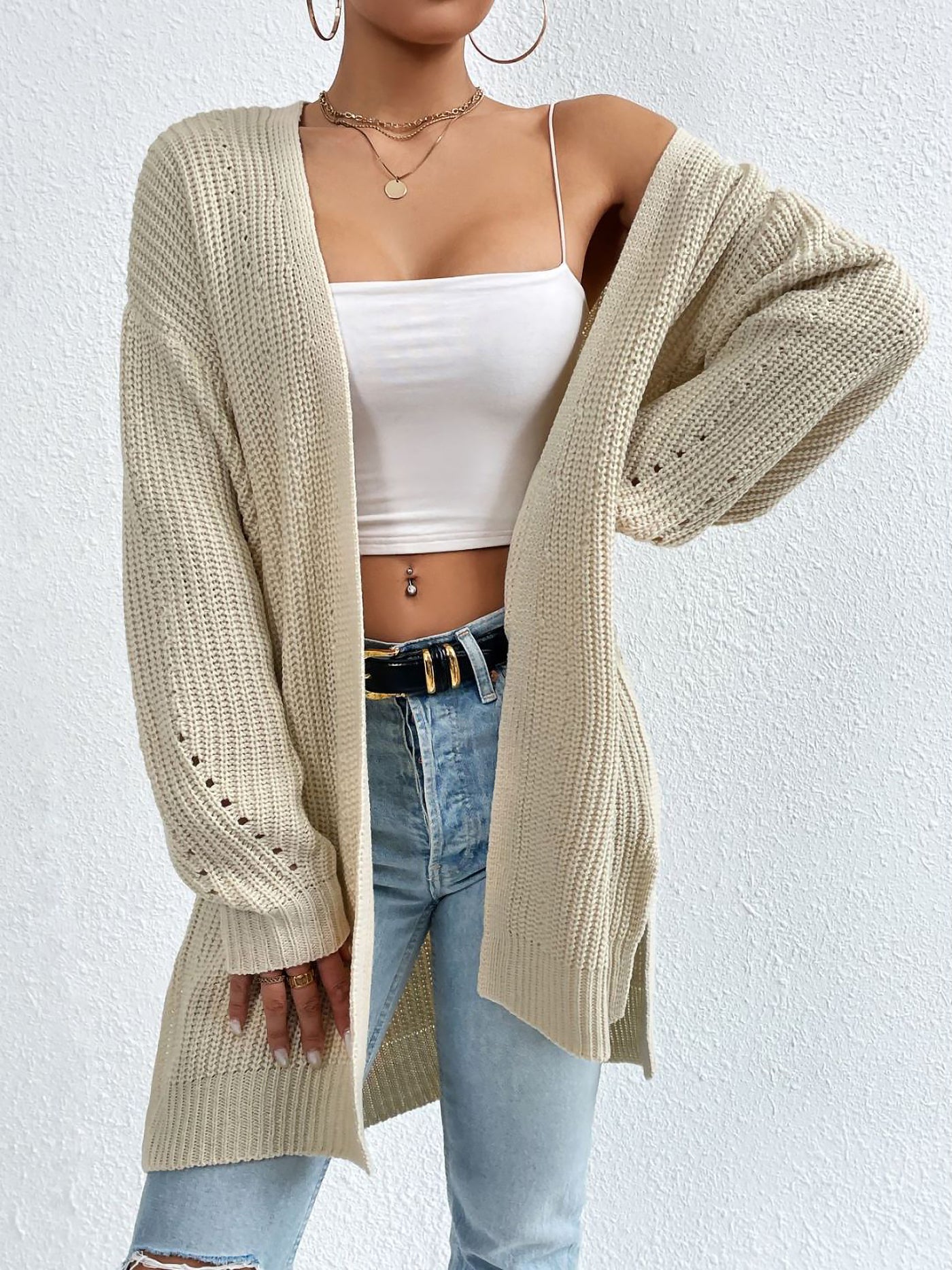 Allegra K Solid Color Long Sleeves Ribbed Knit Cardigan