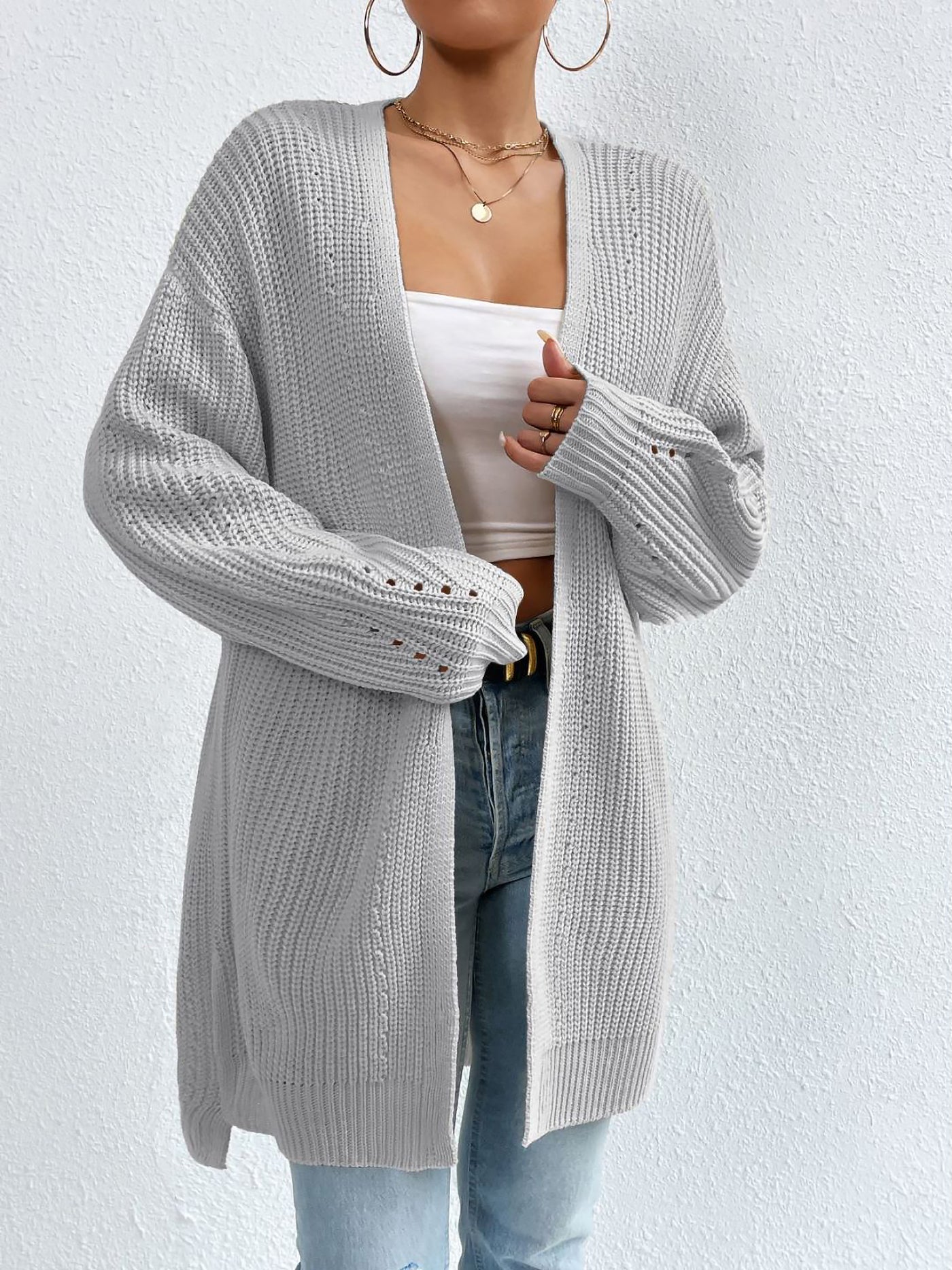 Allegra K Solid Color Long Sleeves Ribbed Knit Cardigan