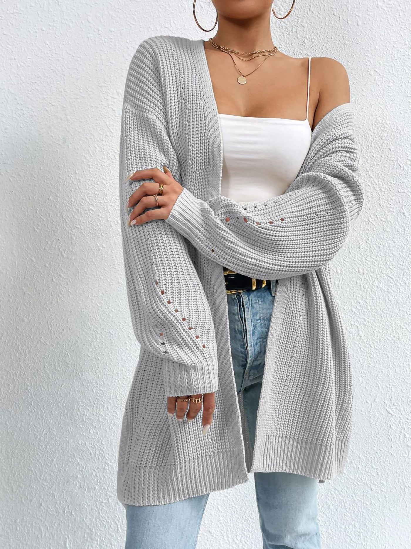 Allegra K Solid Color Long Sleeves Ribbed Knit Cardigan