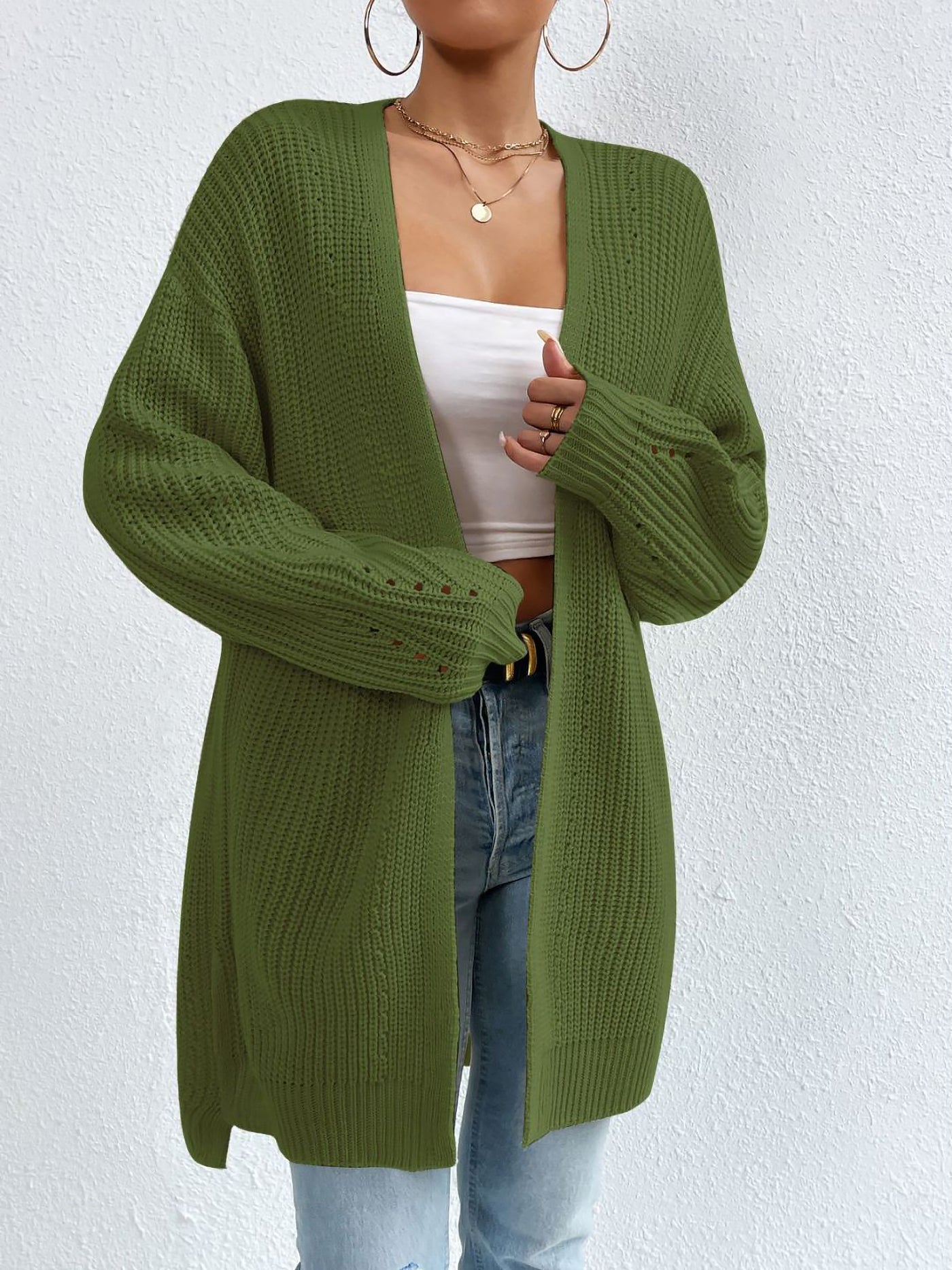 Allegra K Solid Color Long Sleeves Ribbed Knit Cardigan