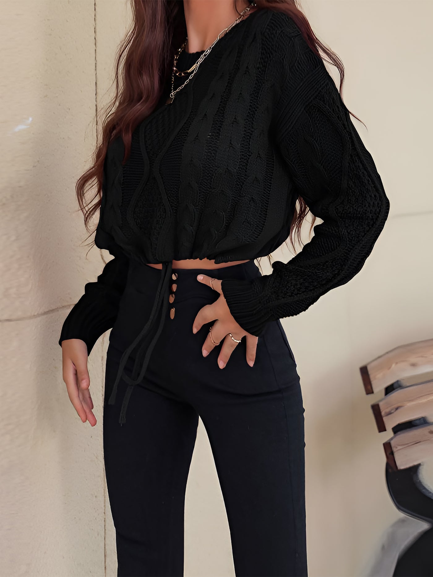 Allegra K Twist Knit Long Sleeves Lace-Up Cropped Sweater