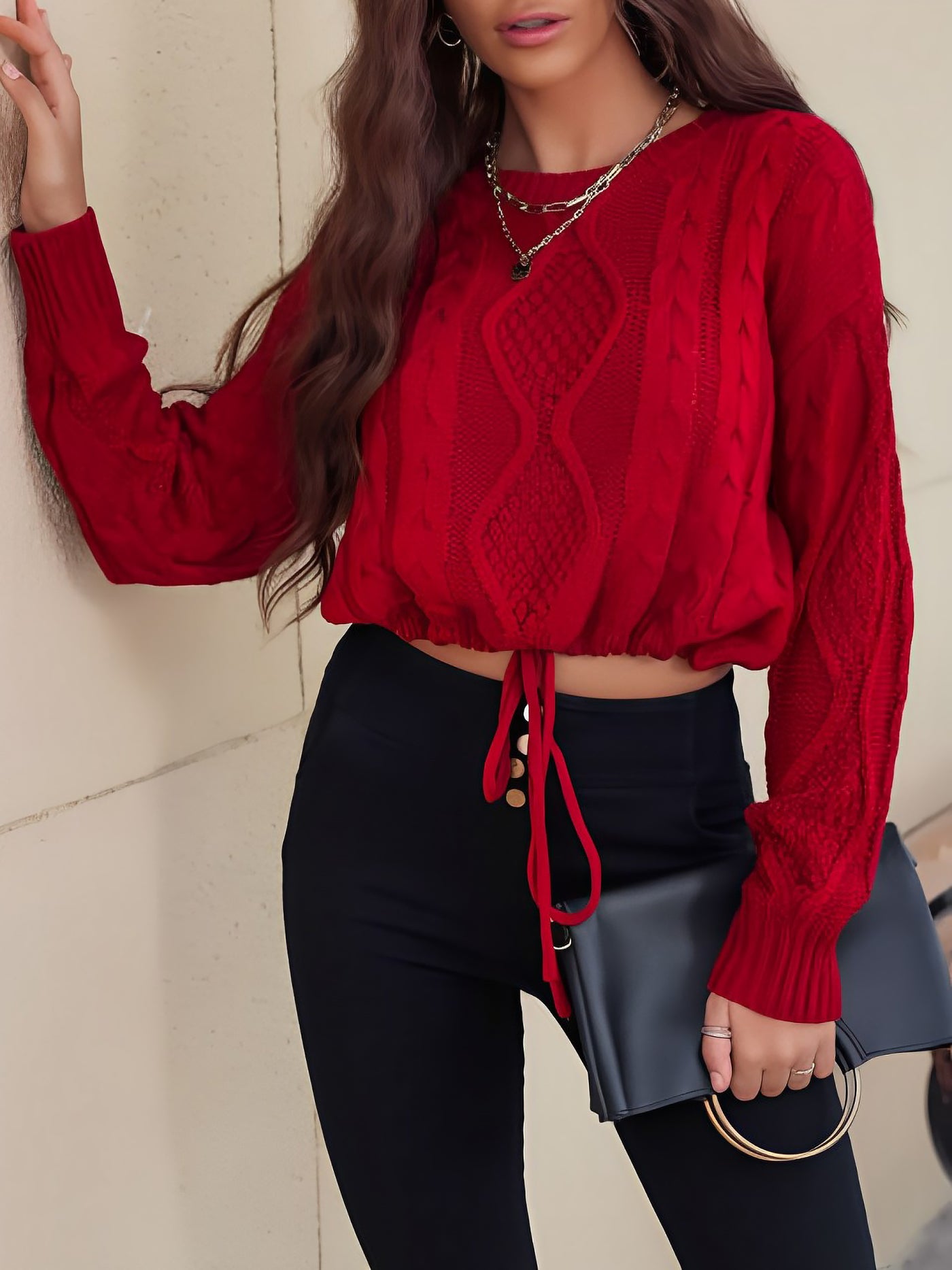 Allegra K Twist Knit Long Sleeves Lace-Up Cropped Sweater