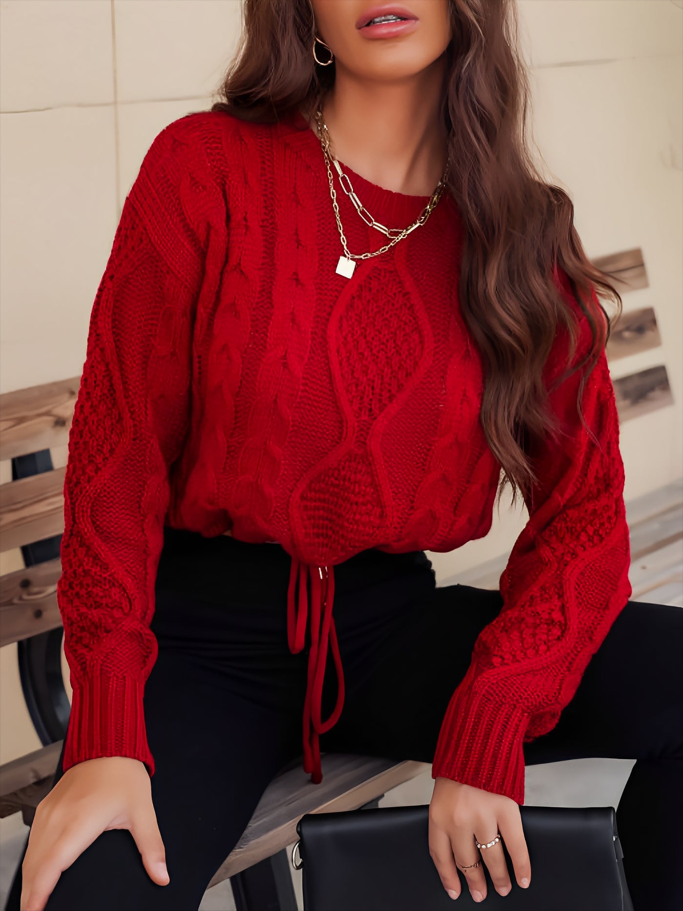 Allegra K Twist Knit Long Sleeves Lace-Up Cropped Sweater