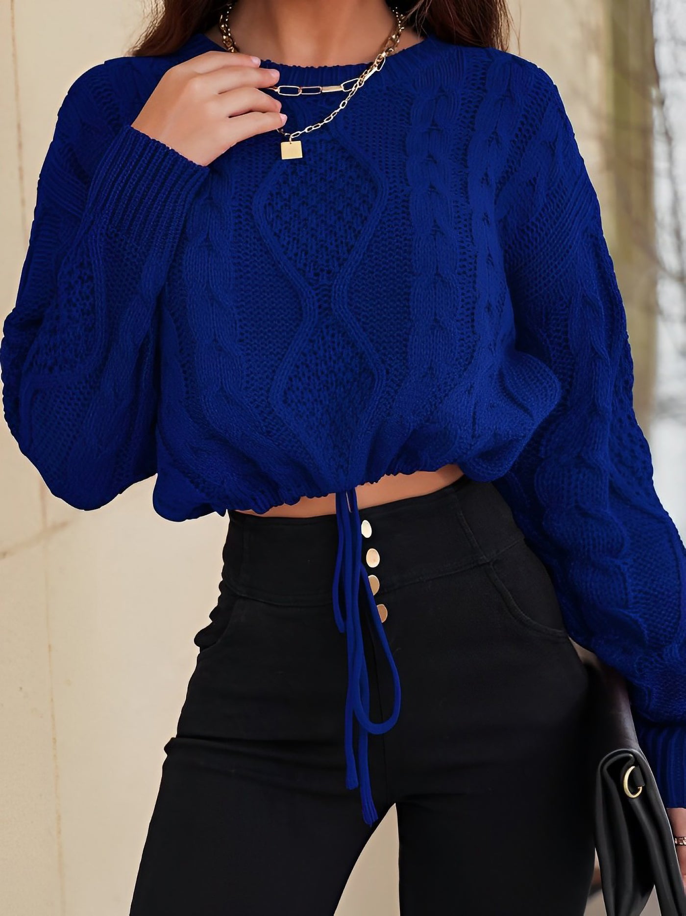 Allegra K Twist Knit Long Sleeves Lace-Up Cropped Sweater