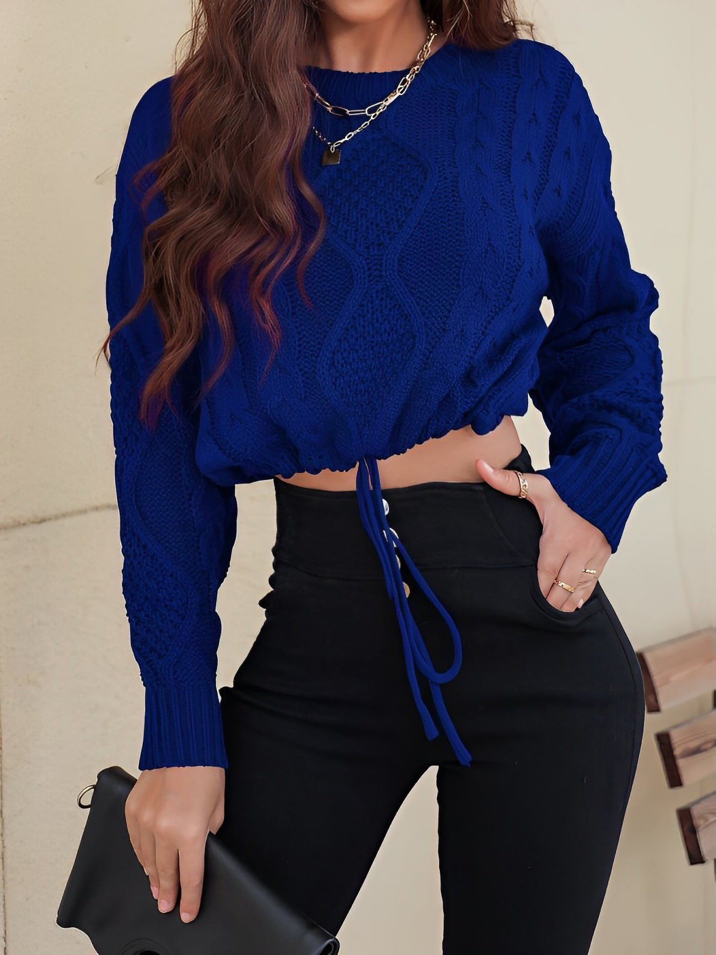 Allegra K Twist Knit Long Sleeves Lace-Up Cropped Sweater