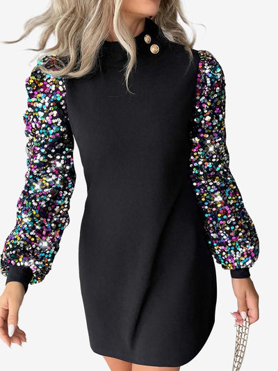 Sequin Patchwork Mock Neck Mini Sheath Dress