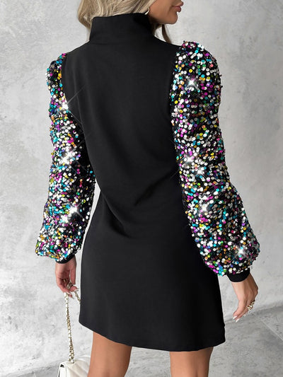 Sequin Patchwork Mock Neck Mini Sheath Dress