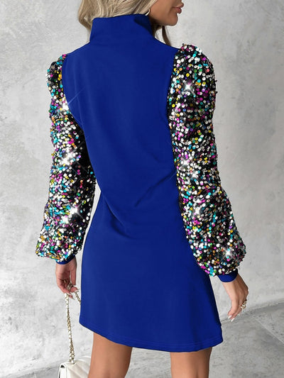 Sequin Patchwork Mock Neck Mini Sheath Dress