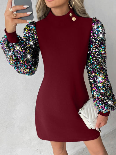 Sequin Patchwork Mock Neck Mini Sheath Dress