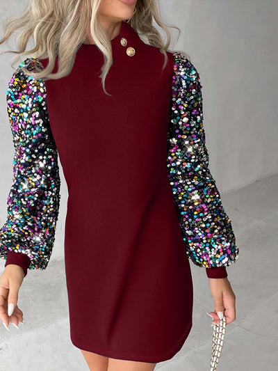 Sequin Patchwork Mock Neck Mini Sheath Dress