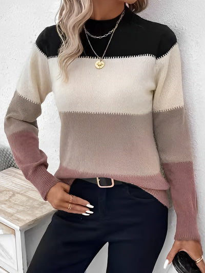 Colorblock Mock Neck Long Sleeve Pullover Sweater