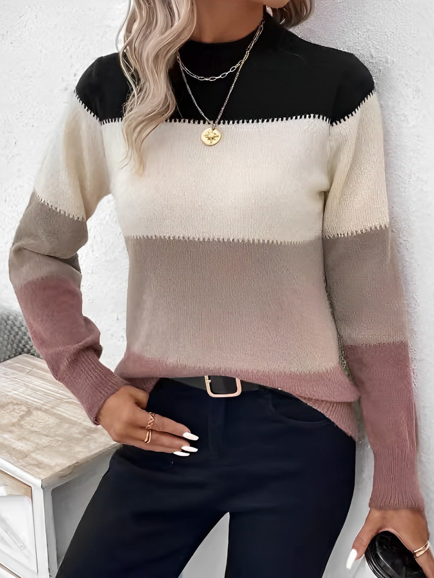 Allegra K Colorblock Mock Neck Long Sleeve Pullover Sweater