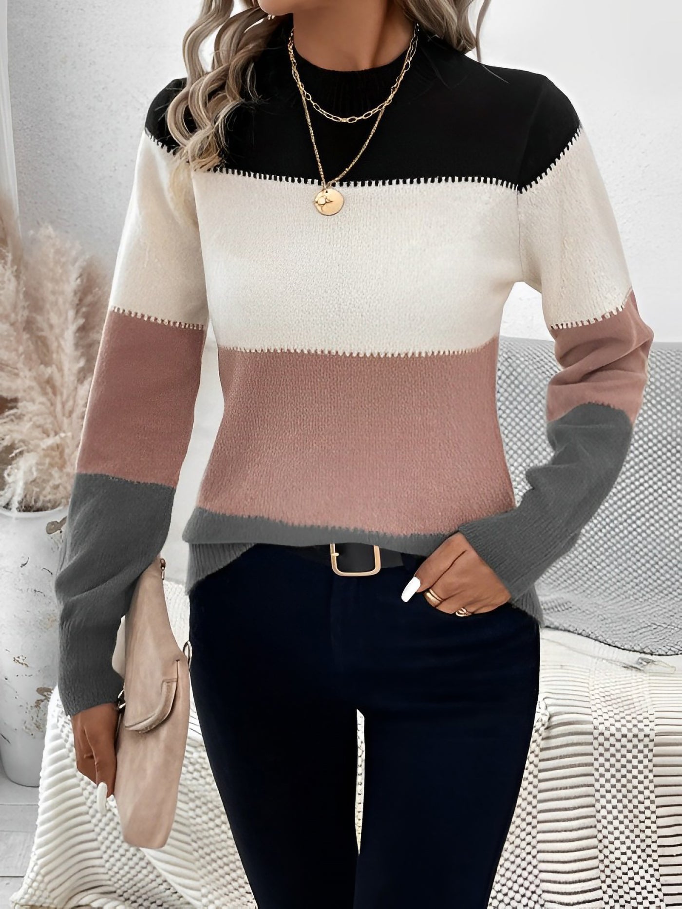 Allegra K Colorblock Mock Neck Long Sleeve Pullover Sweater