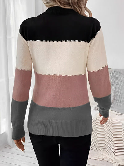 Colorblock Mock Neck Long Sleeve Pullover Sweater