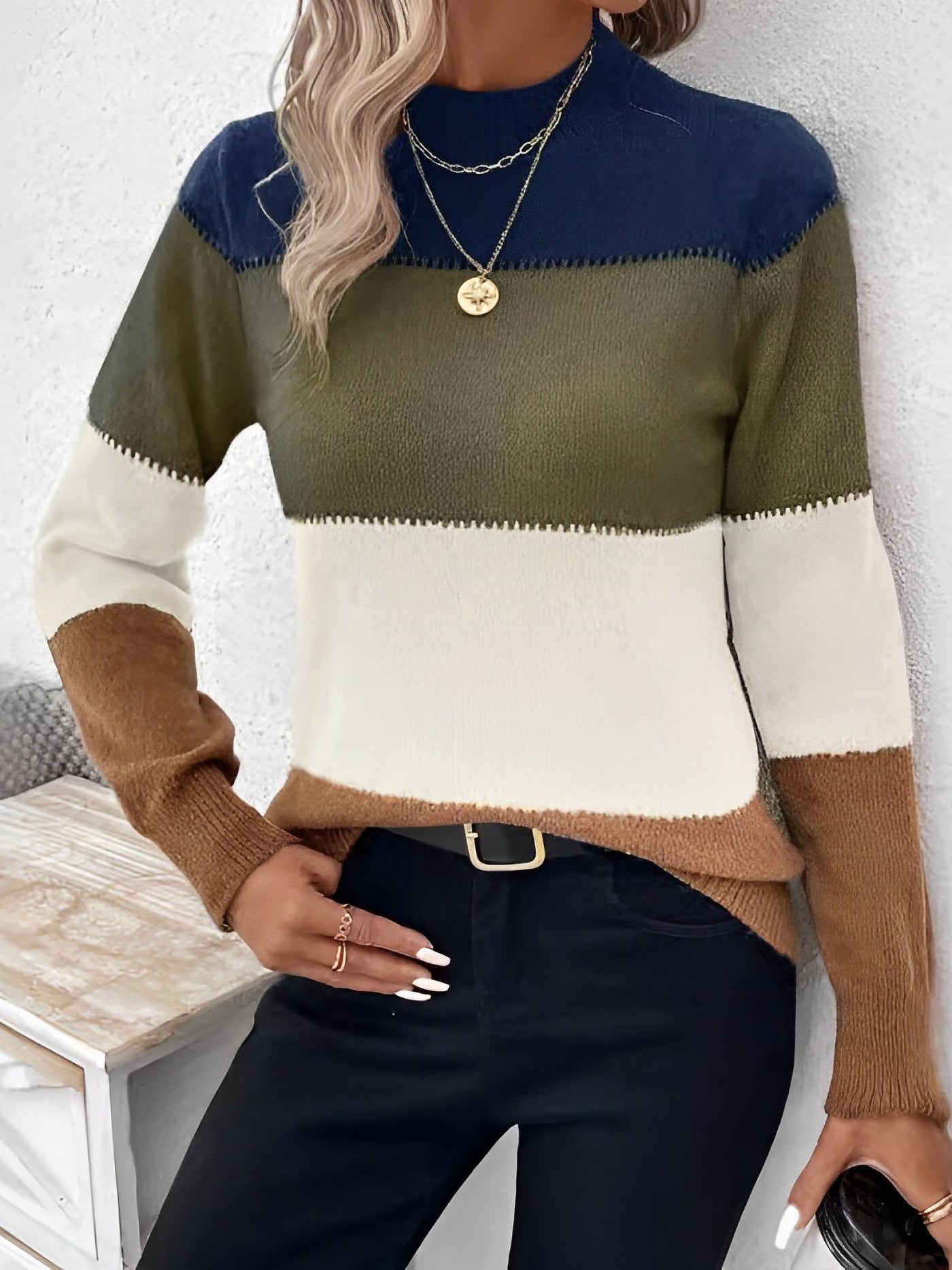 Allegra K Colorblock Mock Neck Long Sleeve Pullover Sweater