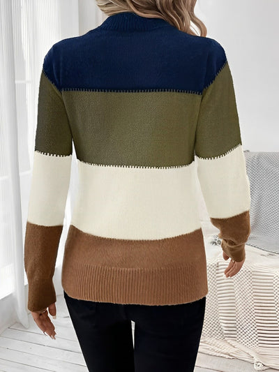 Colorblock Mock Neck Long Sleeve Pullover Sweater