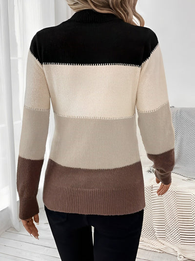 Colorblock Mock Neck Long Sleeve Pullover Sweater