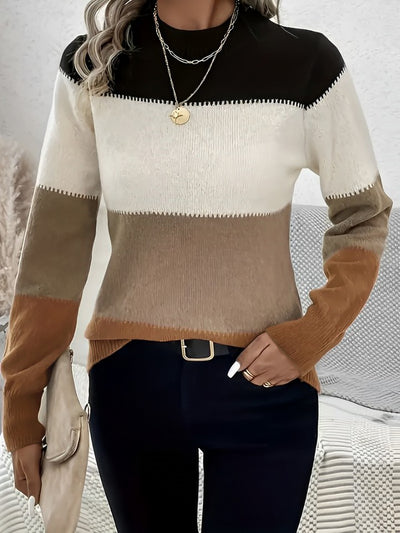 Colorblock Mock Neck Long Sleeve Pullover Sweater