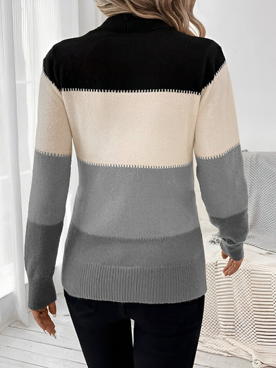 Colorblock Mock Neck Long Sleeve Pullover Sweater