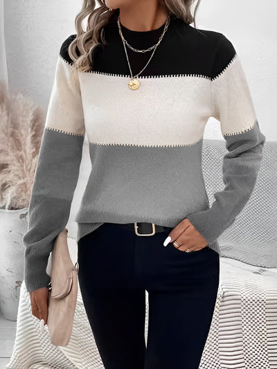 Colorblock Mock Neck Long Sleeve Pullover Sweater