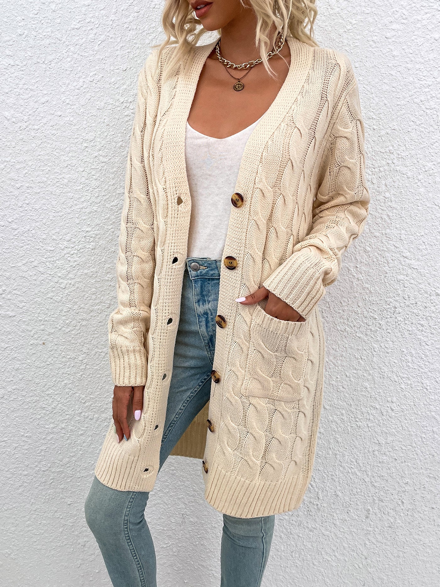 Allegra K Long Sleeves Cable Knit Button Down Cardigan