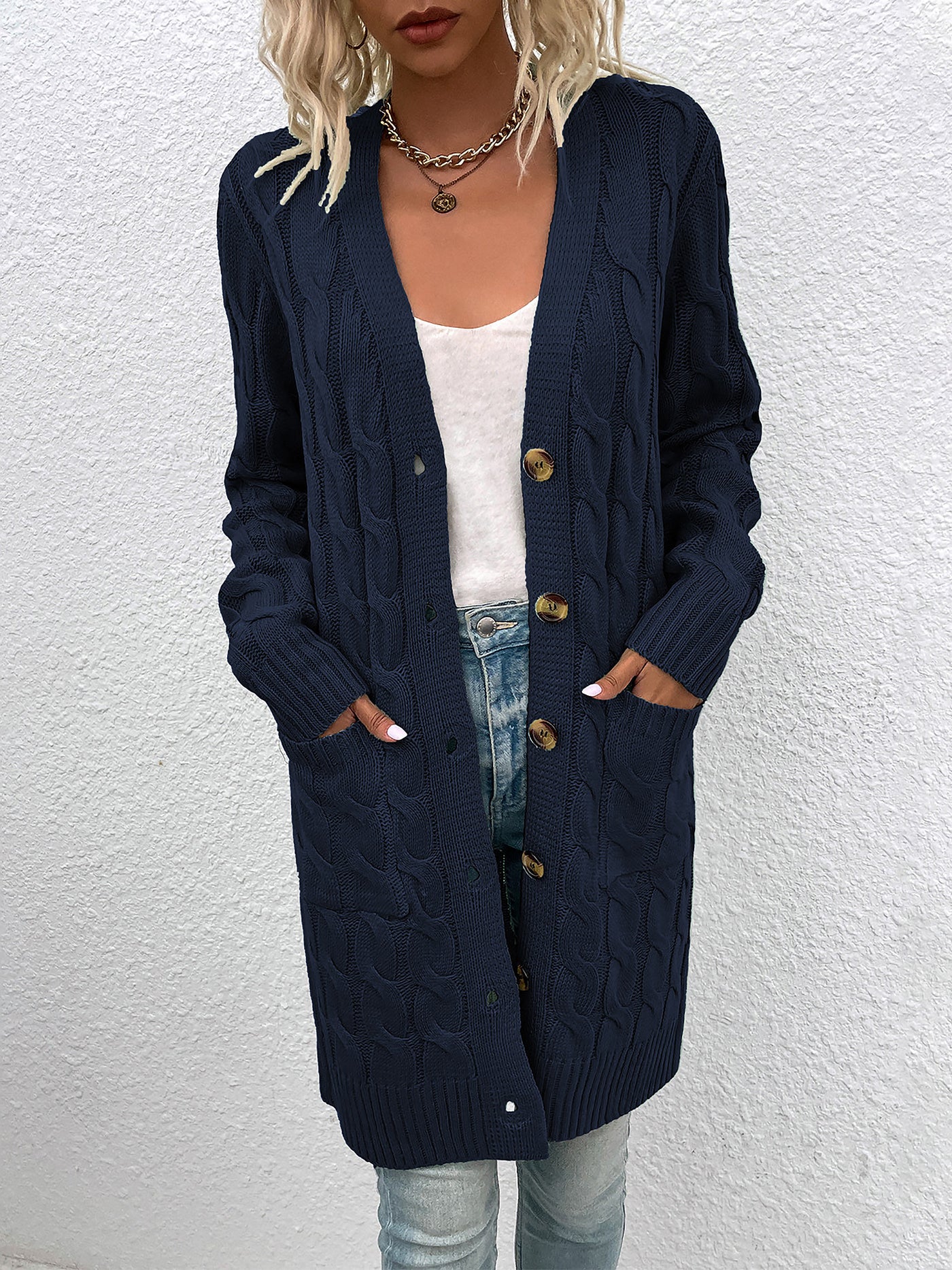 Allegra K Long Sleeves Cable Knit Button Down Cardigan