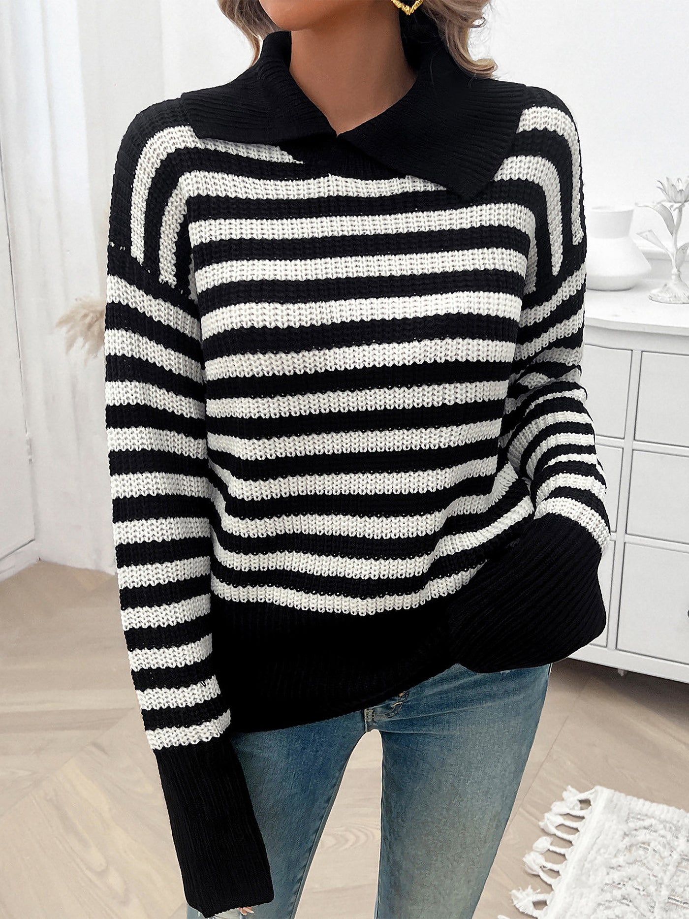 Allegra K Lapel Striped Long Sleeves Ribbed Knit Sweater