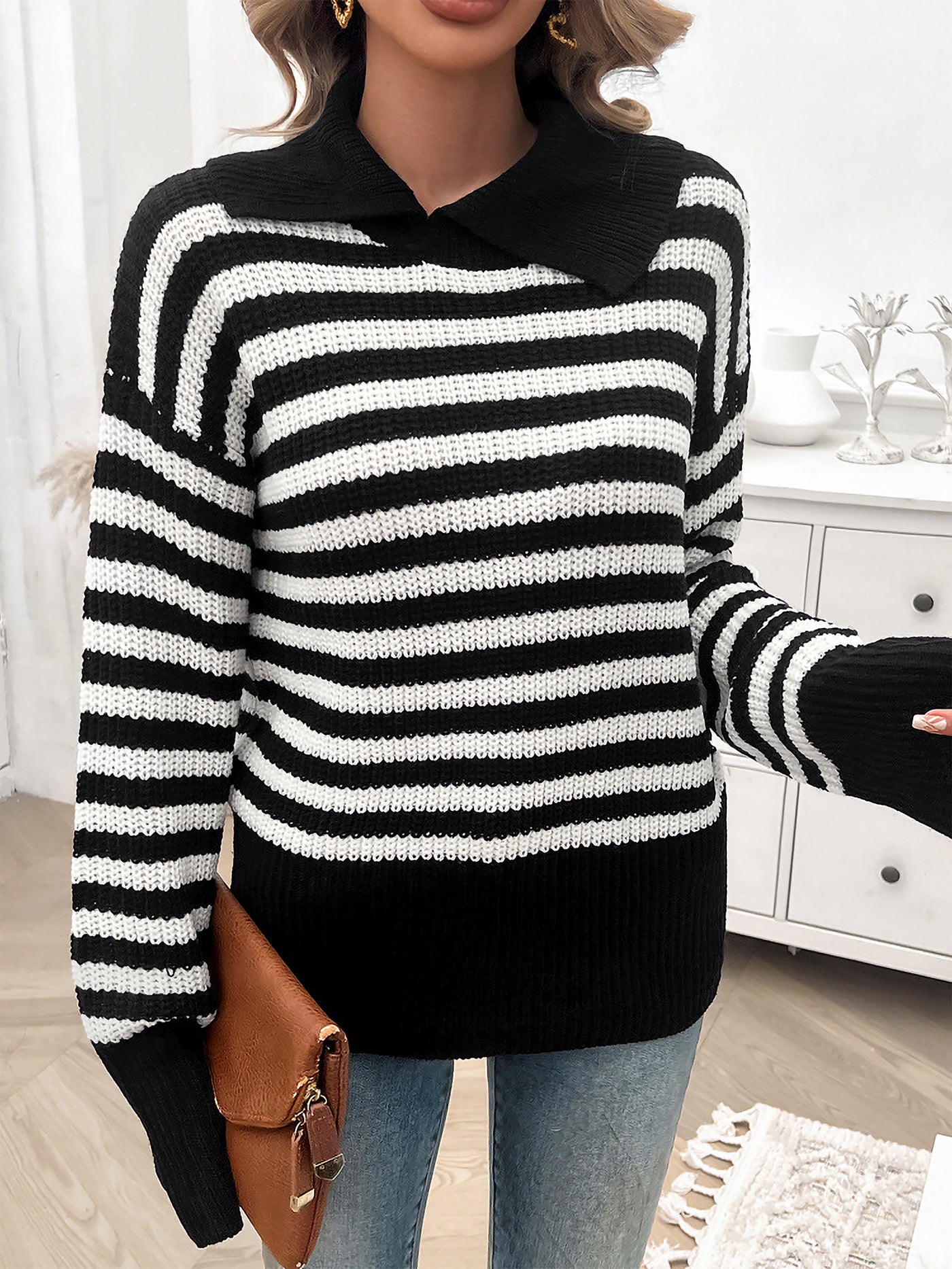 Allegra K Lapel Striped Long Sleeves Ribbed Knit Sweater