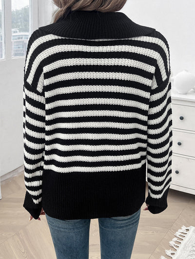 Lapel Striped Long Sleeves Ribbed Knit Sweater