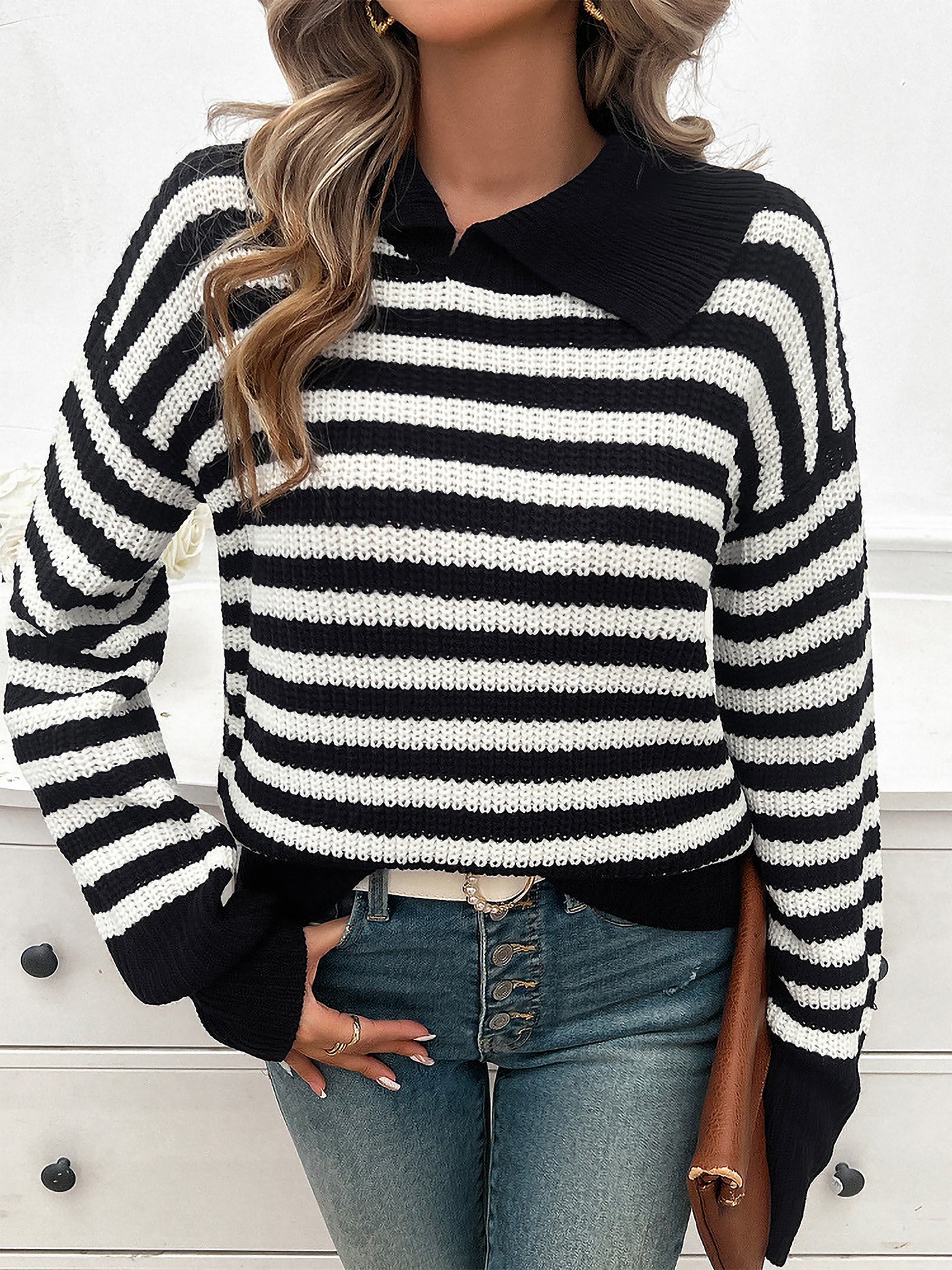 Allegra K Lapel Striped Long Sleeves Ribbed Knit Sweater