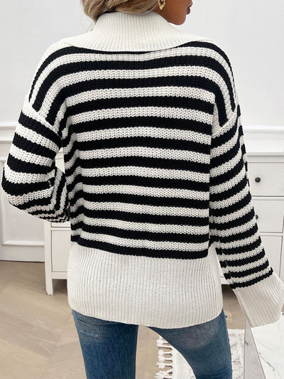 Lapel Striped Long Sleeves Ribbed Knit Sweater