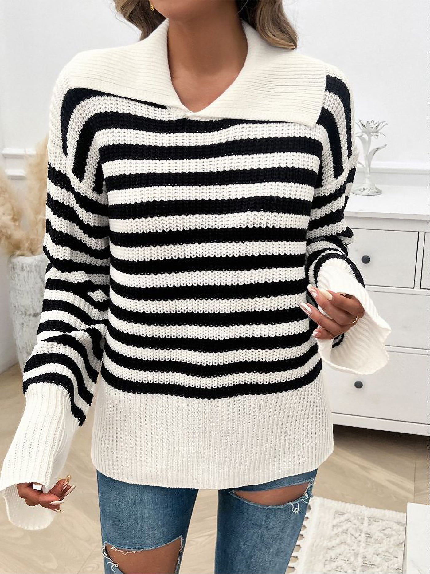 Allegra K Lapel Striped Long Sleeves Ribbed Knit Sweater