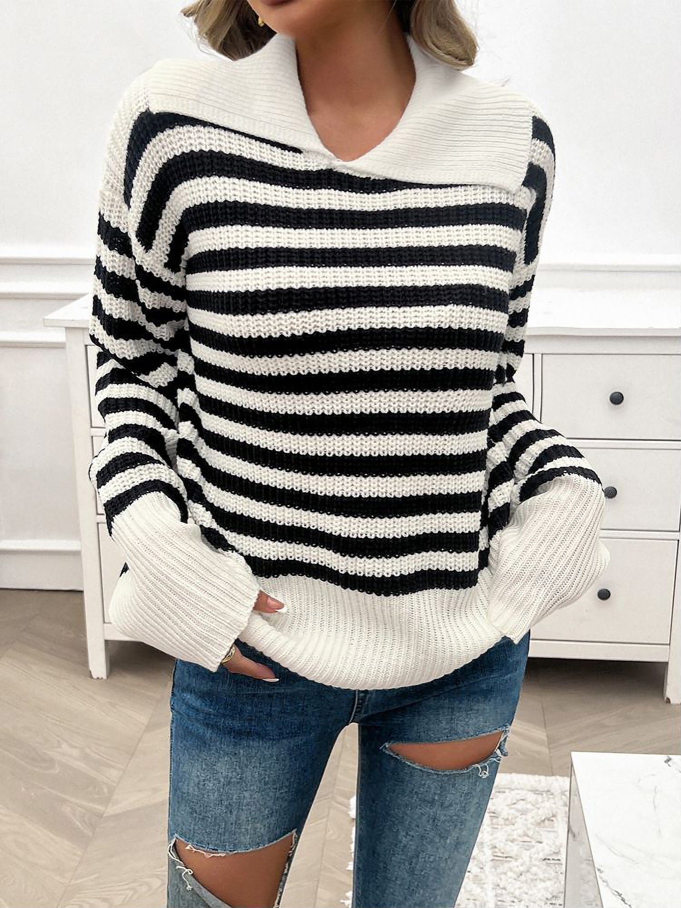 Allegra K Lapel Striped Long Sleeves Ribbed Knit Sweater