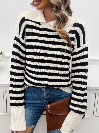 Lapel Striped Long Sleeves Ribbed Knit Sweater