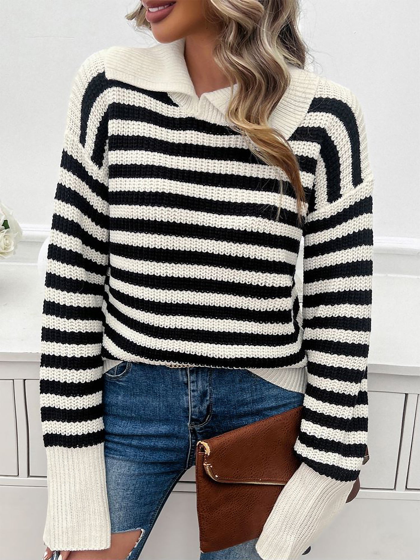 Allegra K Lapel Striped Long Sleeves Ribbed Knit Sweater