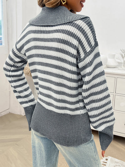 Lapel Striped Long Sleeves Ribbed Knit Sweater