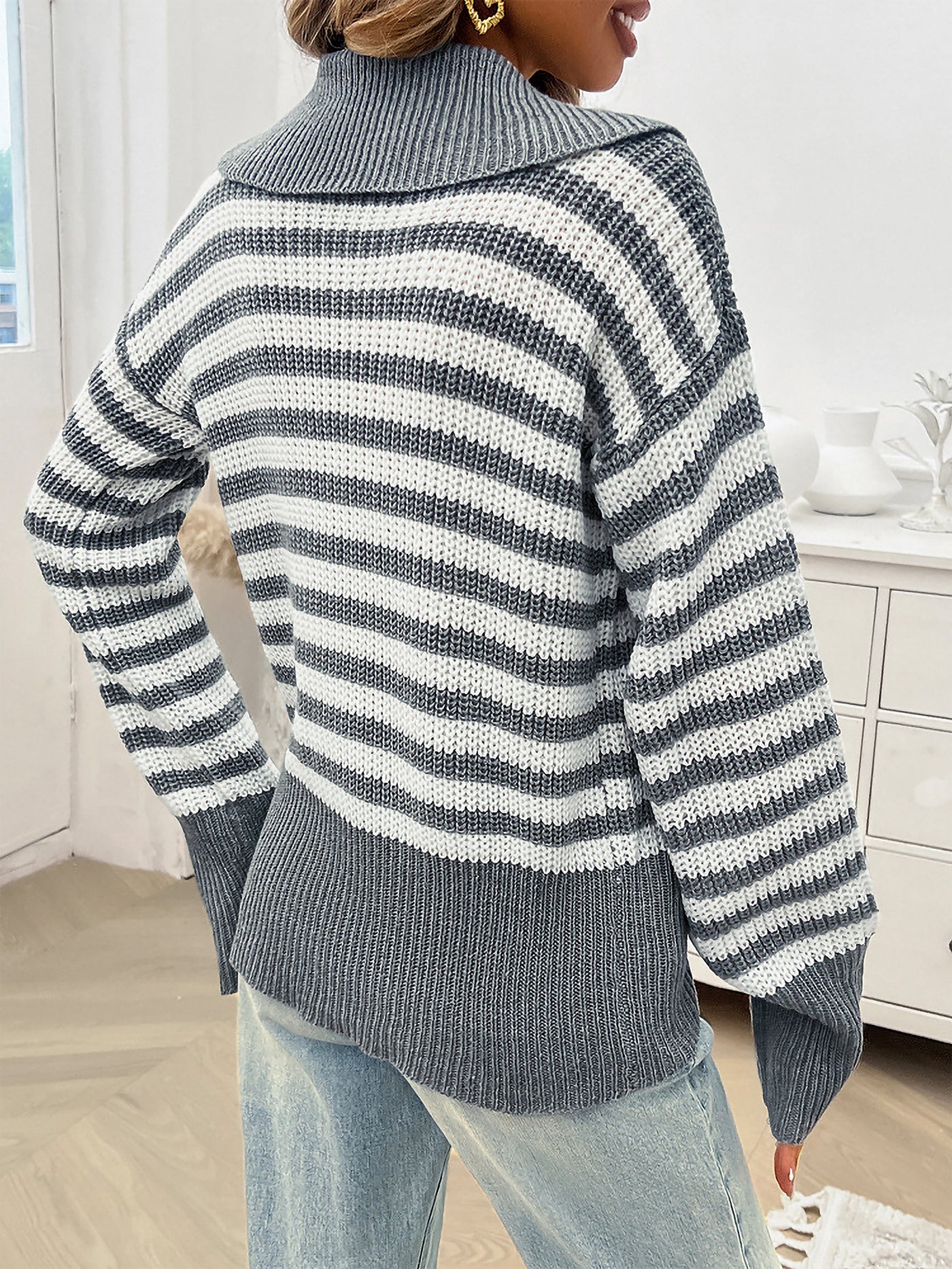 Allegra K Lapel Striped Long Sleeves Ribbed Knit Sweater