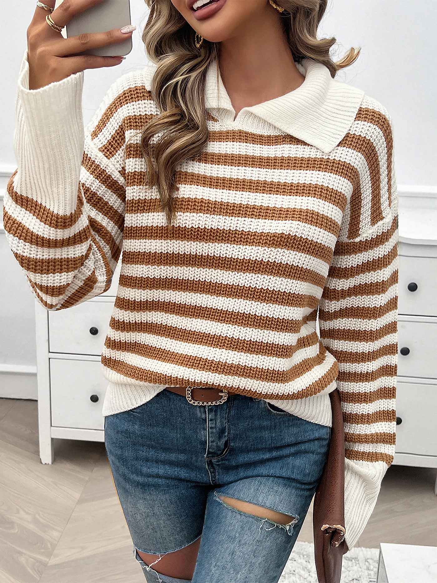 Allegra K Lapel Striped Long Sleeves Ribbed Knit Sweater