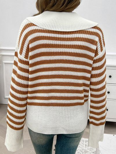 Lapel Striped Long Sleeves Ribbed Knit Sweater