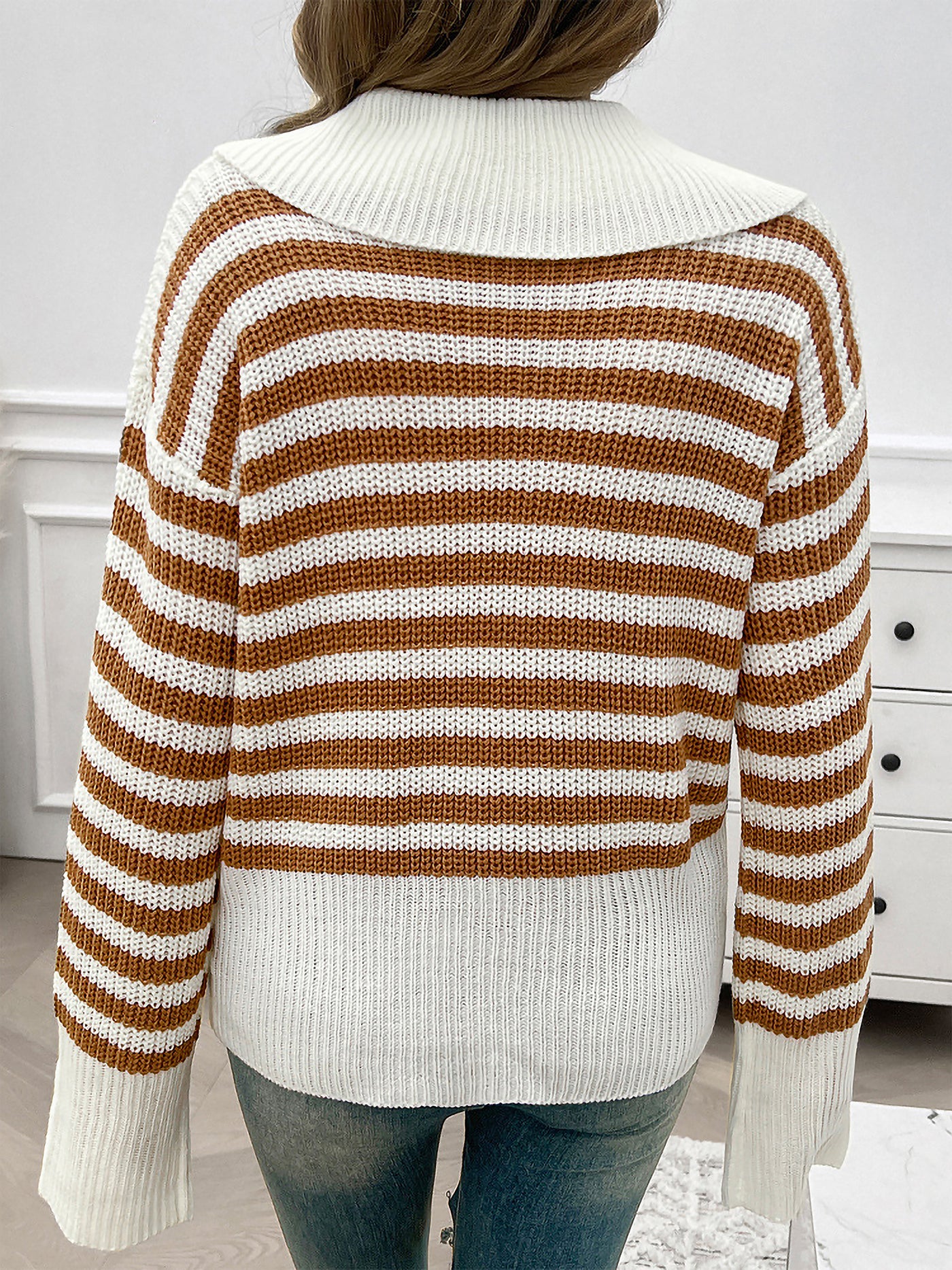 Allegra K Lapel Striped Long Sleeves Ribbed Knit Sweater