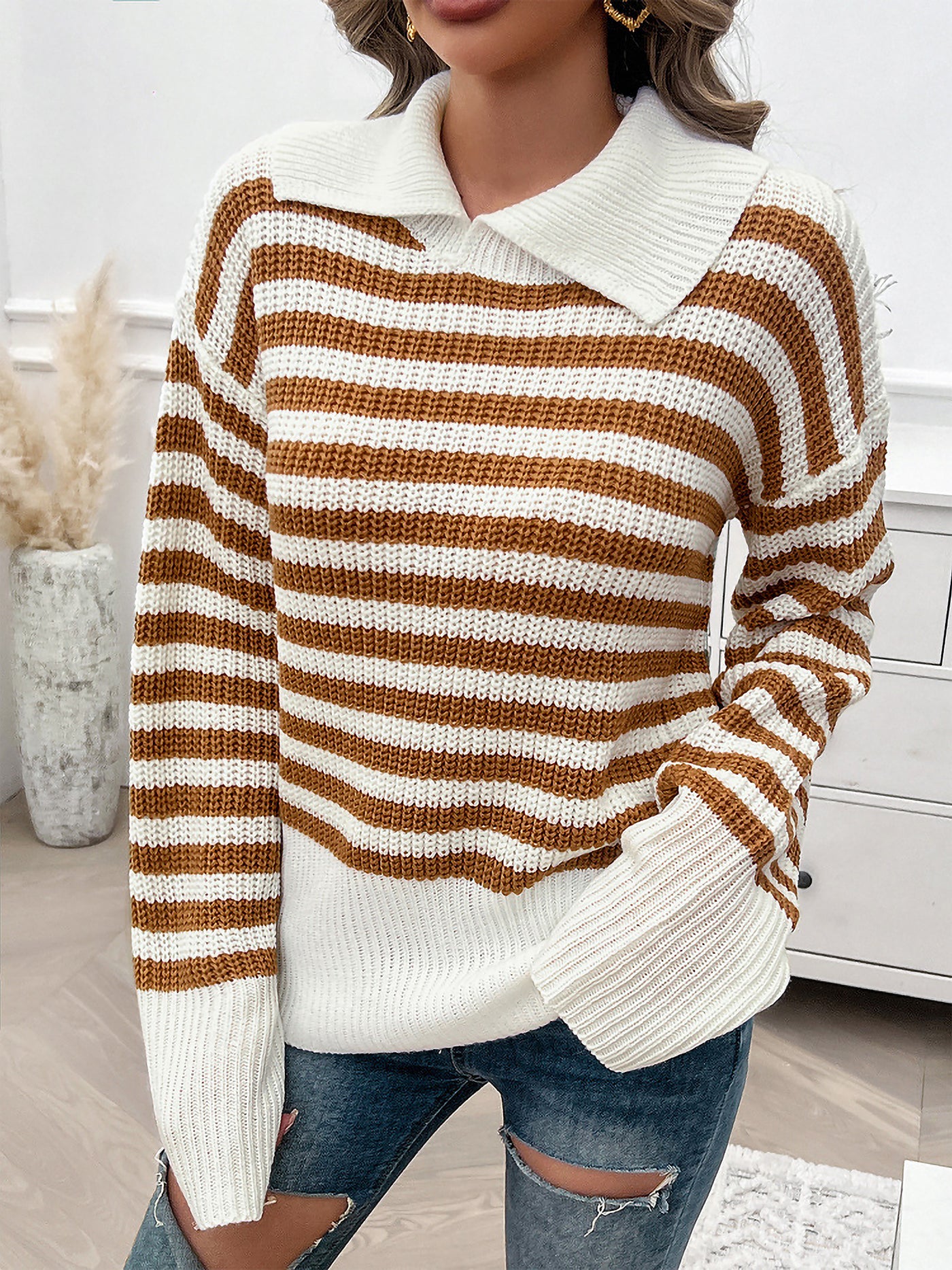 Allegra K Lapel Striped Long Sleeves Ribbed Knit Sweater