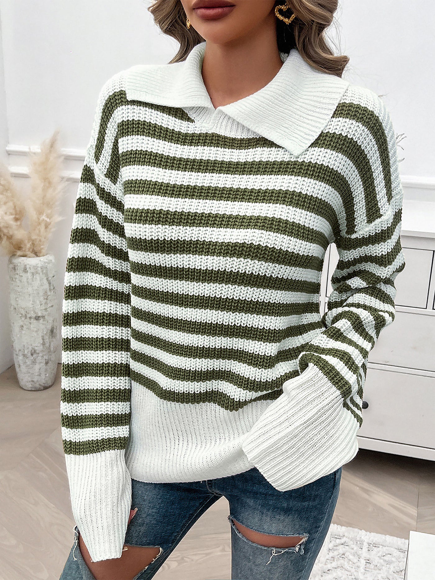 Allegra K Lapel Striped Long Sleeves Ribbed Knit Sweater