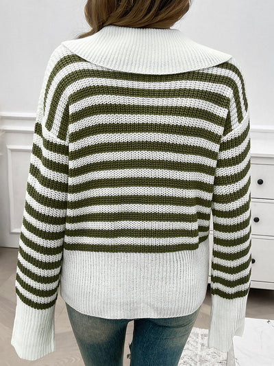 Lapel Striped Long Sleeves Ribbed Knit Sweater