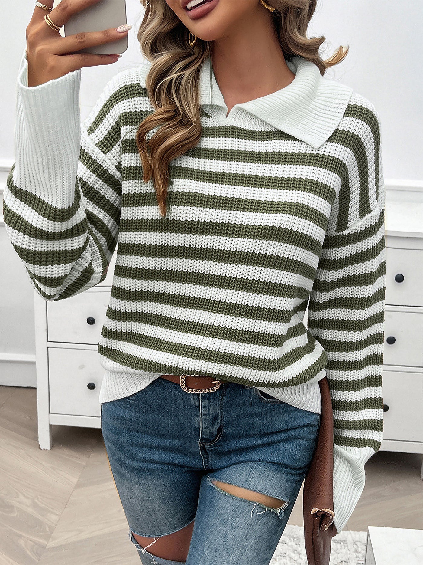 Allegra K Lapel Striped Long Sleeves Ribbed Knit Sweater