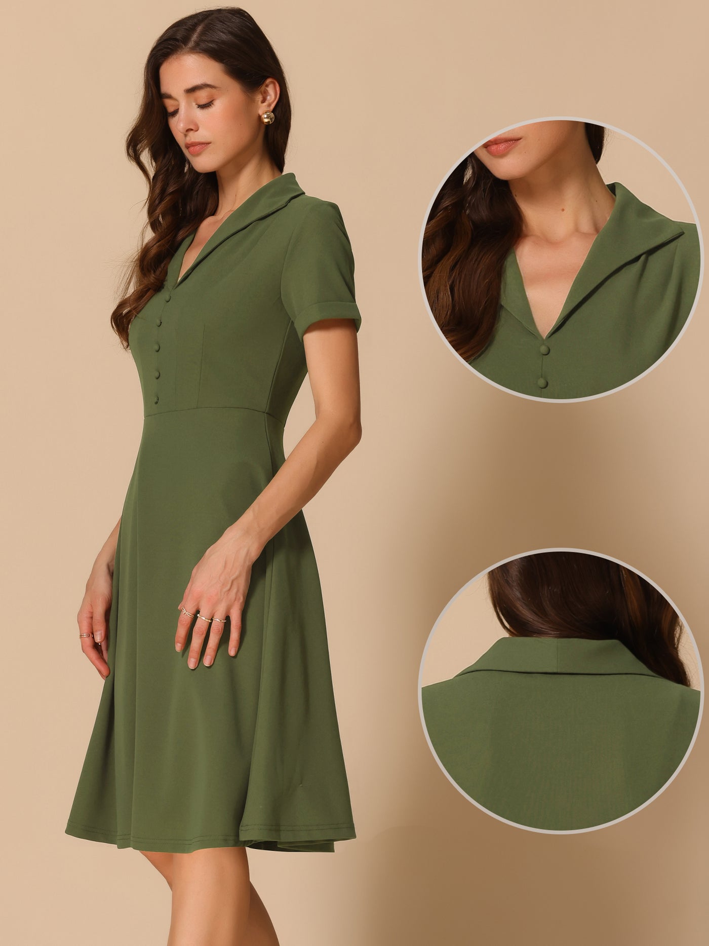 Allegra K Vintage Flat Collar Solid Color Short Sleeve Fit and Flare Midi Dress