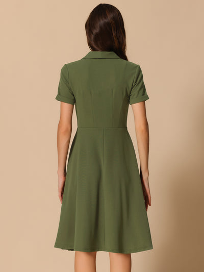 Vintage Flat Collar Solid Color Short Sleeve Fit and Flare Midi Dress