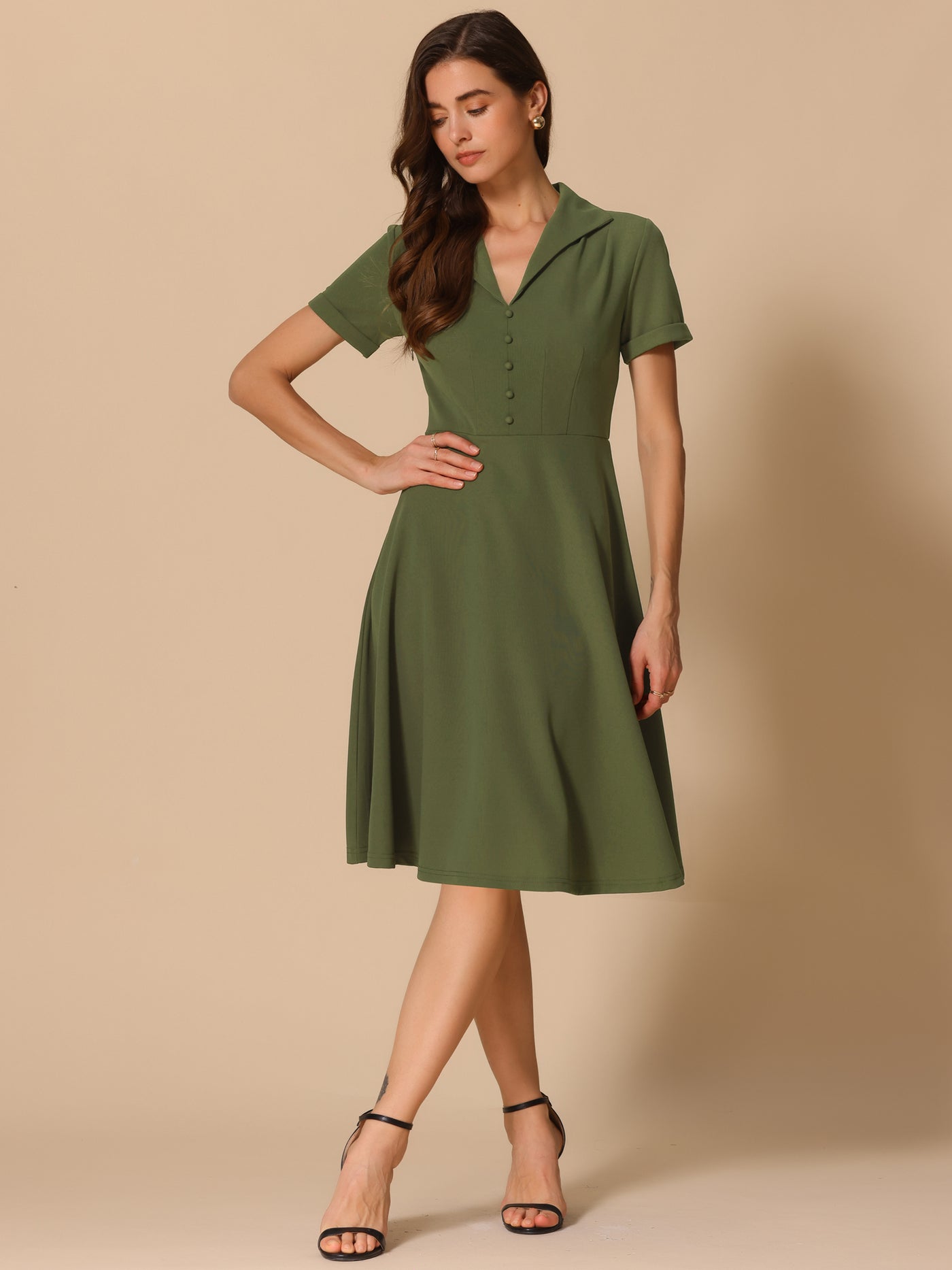 Allegra K Vintage Flat Collar Solid Color Short Sleeve Fit and Flare Midi Dress