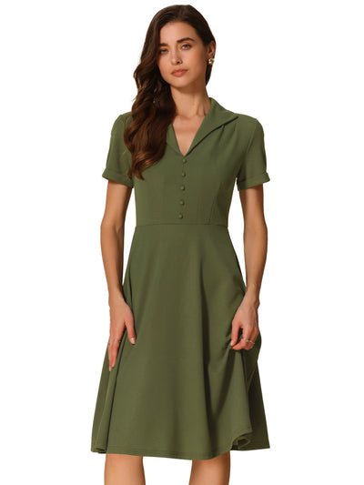 Vintage Flat Collar Solid Color Short Sleeve Fit and Flare Midi Dress