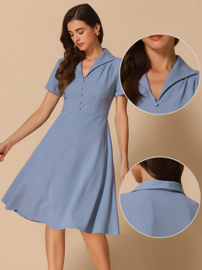 Vintage Flat Collar Solid Color Short Sleeve Fit and Flare Midi Dress