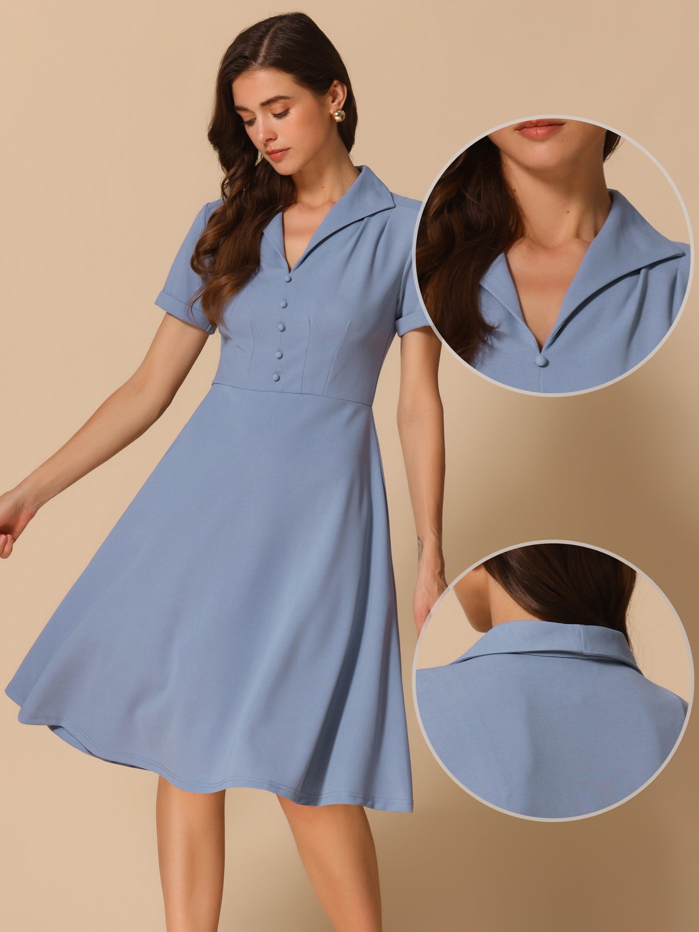 Allegra K Vintage Flat Collar Solid Color Short Sleeve Fit and Flare Midi Dress